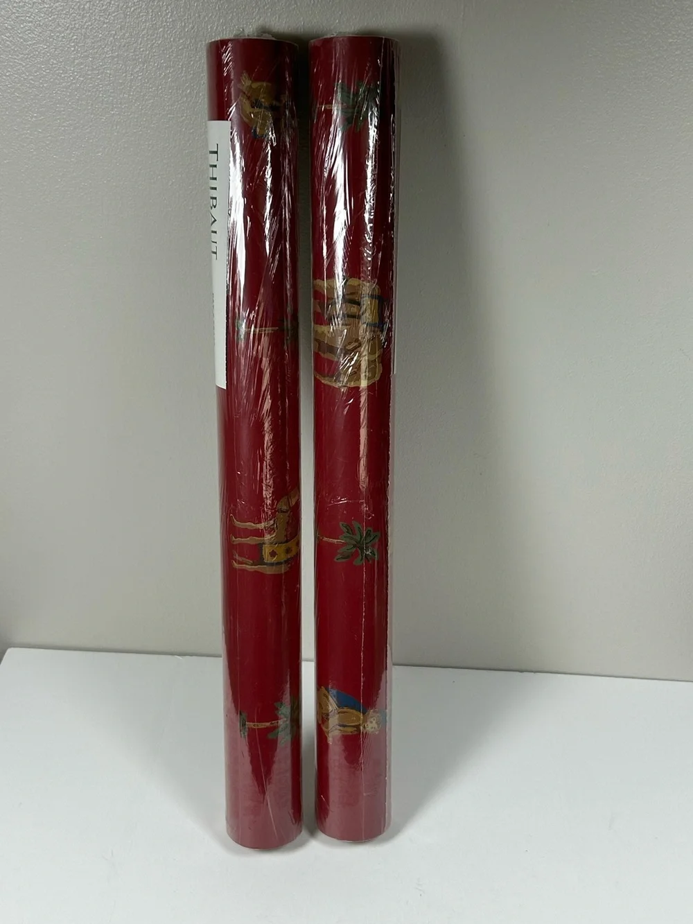 Vintage Set of Two Rolls Thibaut Red Wallpaper Monkeys Elephants Camels T6435